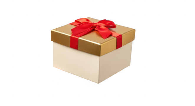 Hand holding a gift box with red bow isolated on transparent background