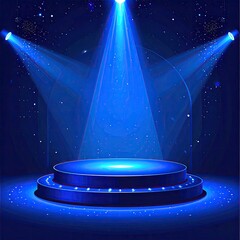 Blue stage with spotlights and circular podium
