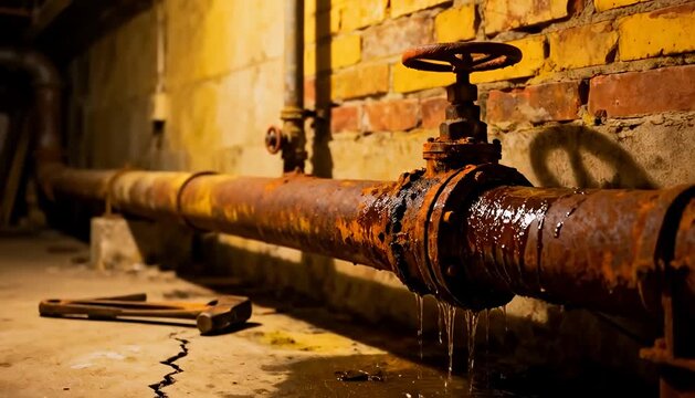 Leaking rusty industrial pipes in basement water damage issues and repair needs photo. pipe, leak, rust, drip.