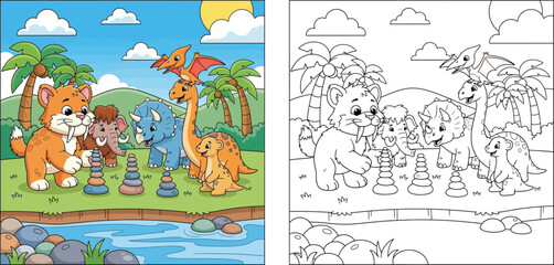 Cute cartoon prehistoric animals stacking stones game vector illustration. Adorable saber-toothed tiger, mammoth, triceratops and dinosaur friends playing by river.