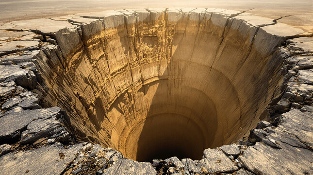 Deep sinkhole in dry cracked earth with steep walls and dark interior.