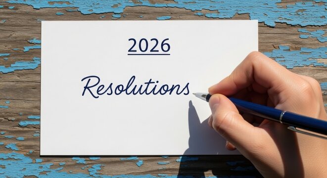 Writing new year resolutions for 2026 on a white card