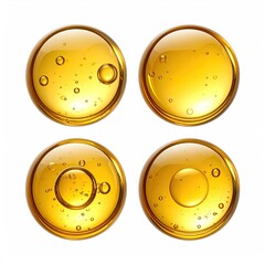 Four golden, glossy, circular drops or spheres,  filled with bubbles,  isolated on a white background.  Each droplet shows varying bubble sizes and distributions