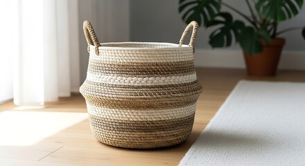 Fototapeta premium Elegant woven basket with handles near window and plant, home decor