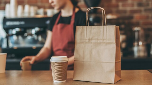 Coffee shop takeaway: A takeaway coffee cup and brown paper bag are placed on the cafe counter, with a blurred barista in the background, this image represents the grab and go