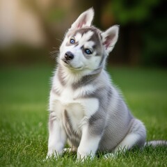 Captivating Husky Puppy Gazing Curiously in Lush Greenery, a portrait of innocence