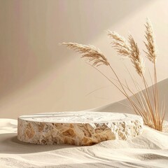 Beige stone pedestal in desert scene with pampas grass