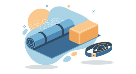 An illustration showcases yoga essentials, including a rolled mat, a block, and a strap, promoting wellness and exercise in a clean, modern style.