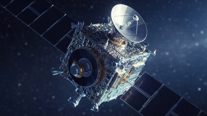 A complex satellite with solar panels and a large dish floats against a starry background