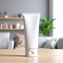 Blank white tube of skincare product on a wooden table, out-of-focus living room background