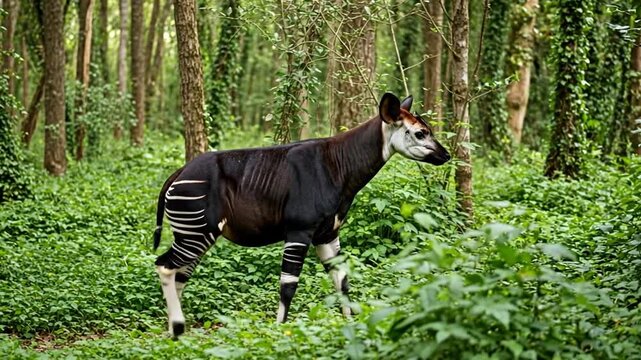 Graceful Okapi walks through lush green forest, revealing unique stripes and features.
