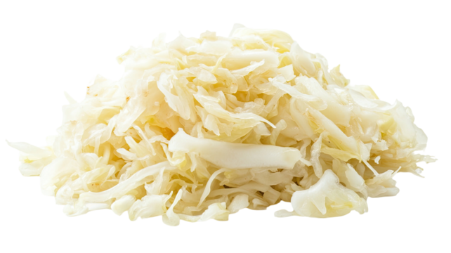 Fresh chopped sauerkraut showcasing finely shredded cabbage with a tangy texture, ideal for healthy meals and fermented food representation isolated on white background