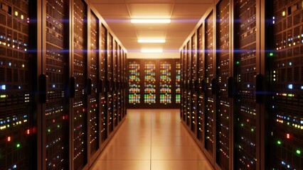 A data center hallway showcasing rows of servers illuminated with colorful lights