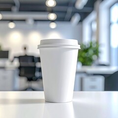 White disposable coffee cup on a table in a modern office