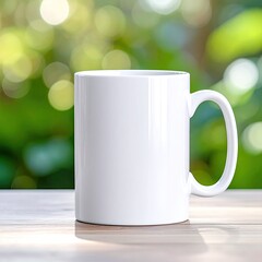 Blank white mug on a wooden table, out-of-focus green background