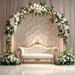 Elegant floral archway with ornate backdrop and plush seating