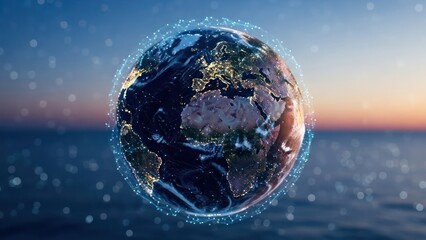 A digital rendering of Earth surrounded by a glowing network over an ocean at sunrise
