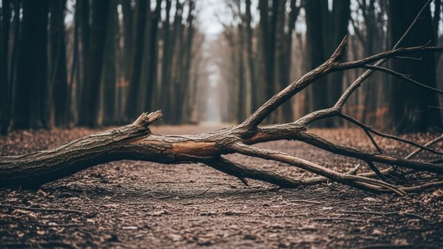 A fallen tree blocks a path through a foggy forest, with tall trees on either side