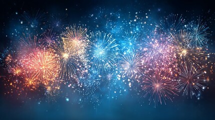 Vibrant fireworks illuminating deep blue night sky festive New Year celebration abstract background for congratulations greeting and invitation cards