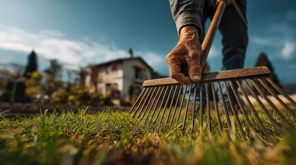 Elderly Asian groundskeeper maintaining a lawn with a rake in a suburban yard
