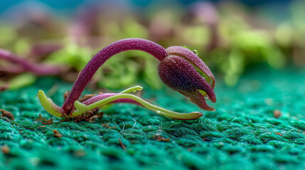 Weed breaking through artificial turf with a purple stem