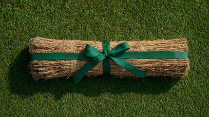 Dried grass bundle tied with a green ribbon on outdoor ground