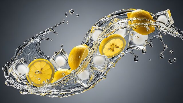 Banana slices and ice cubes frozen in a splash of water on gray.