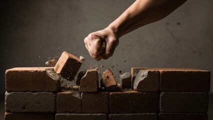 A fist smashes through a brick wall, pieces flying, against a dark, textured background