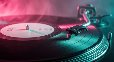 Vintage vinyl record player with vibrant neon lighting and a nostalgic ambiance