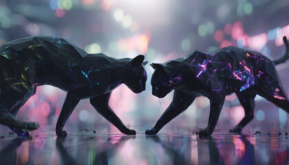 Two polygonal black cats facing each other with colorful light bokeh in the background art piece