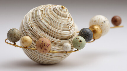 Multi-layered paper shell spiral with decorative stone spheres and brass rod, modern abstract design
