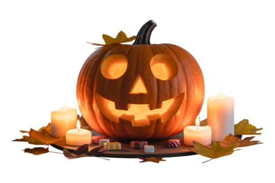 Carved Halloween pumpkin with candles and autumn leaves Keywords: halloween, pumpkin, jack o isolated on a transparent background - Powered by Adobe