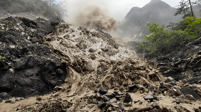 Landslide with mud and rocks on a mountain slope.