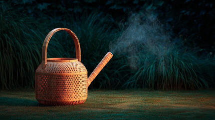 Eco-friendly watering can on moist soil with steam rising