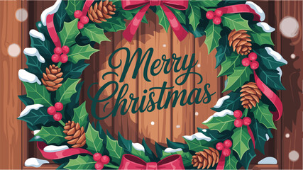 Merry christmas text with wreath decoration of holly leaves and ribbons vector