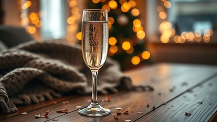 dcf. A champagne flute with golden bubbles on a wooden table beside a cozy blanket and festive confetti. bar promotions, beverage menus, designed for food & beverage menus and cafe branding.
