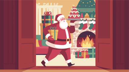 Santa claus holding christmas cake gifts walking through door at fireplace room
