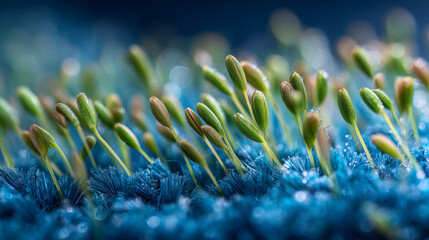 Seedling breaking through unusual blue soil at dawn
