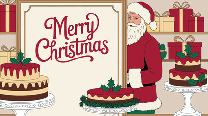 Santa claus holding merry christmas sign with cakes and gifts illustration