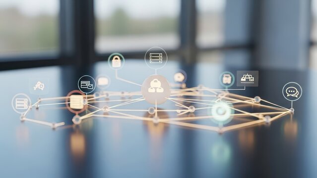 A glowing network of data icons floats above a shiny dark table with a blurred background - Powered by Adobe