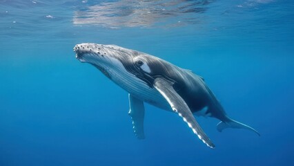 Naklejka premium A graceful humpback whale glides underwater, showcasing its massive body and serene beauty