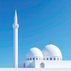 White mosque, twin domes, tall minaret, clear sky