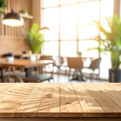 Blurred cafe interior, wooden table top with shadows