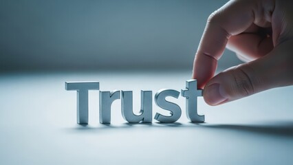 A hand places the letter 't' on a metallic "Trust" word, on a blurred background