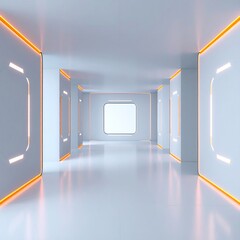 Empty futuristic hallway with bright orange accents