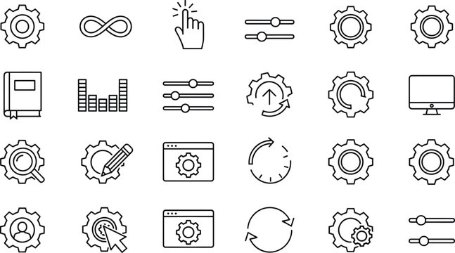 Settings, Configuration, and Optimization Icon Set: Gear, Equalizer, Cursor Click, Time Refresh, and System Management Line Art Vector