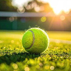 Tennis ball on court grass, bathed in golden sunlight