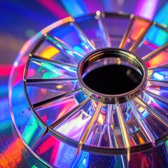 Close-up of a disc with vibrant light reflections