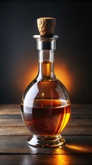 Aromatic amber liquid fills a clear glass bottle with a rustic cork stopper