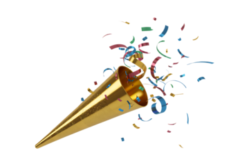 Golden Party Popper Exploding Confetti and Streamers isolated on a transparent background
